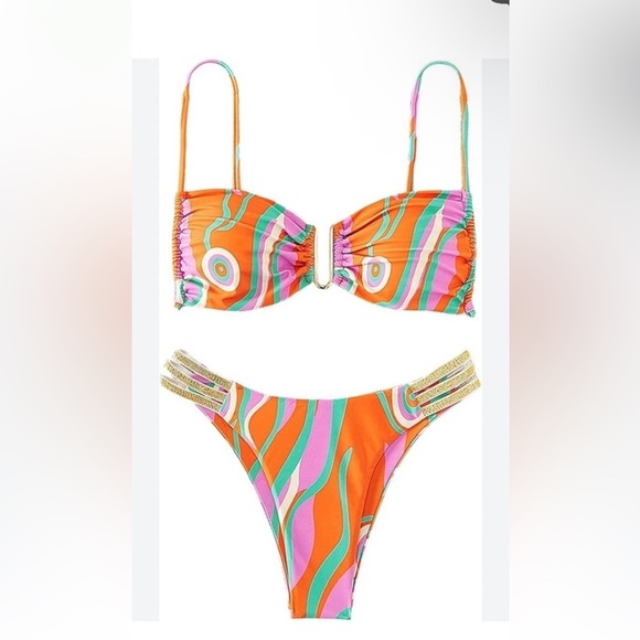 NEW SHEIN Neon Retro Print Orange Teal Bikini Swimsuit Beach 2 Pc Woman’s L Gold - Picture 1 of 11